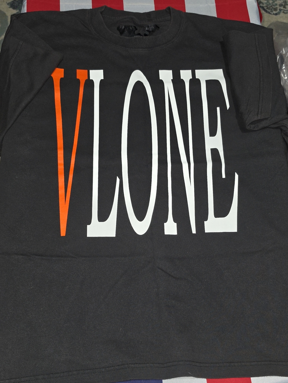 VLONE Black T‑Shirt with Orange V and White Logo